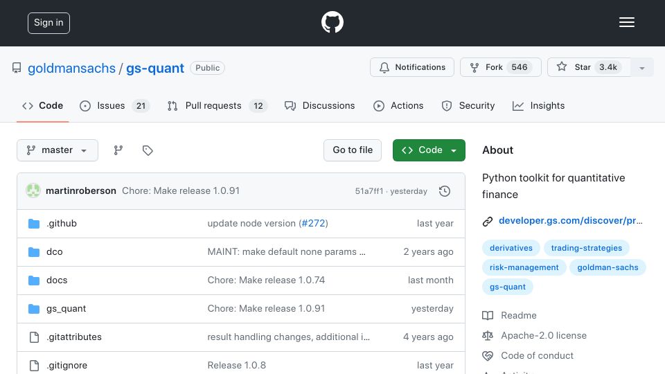 Screenshot of github.com: Python toolkit for quantitative finance