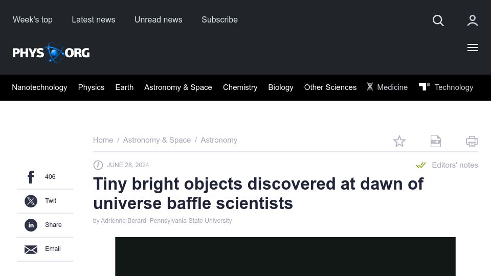 Screenshot of phys.org: Tiny bright objects discovered at dawn of universe baffle scientists