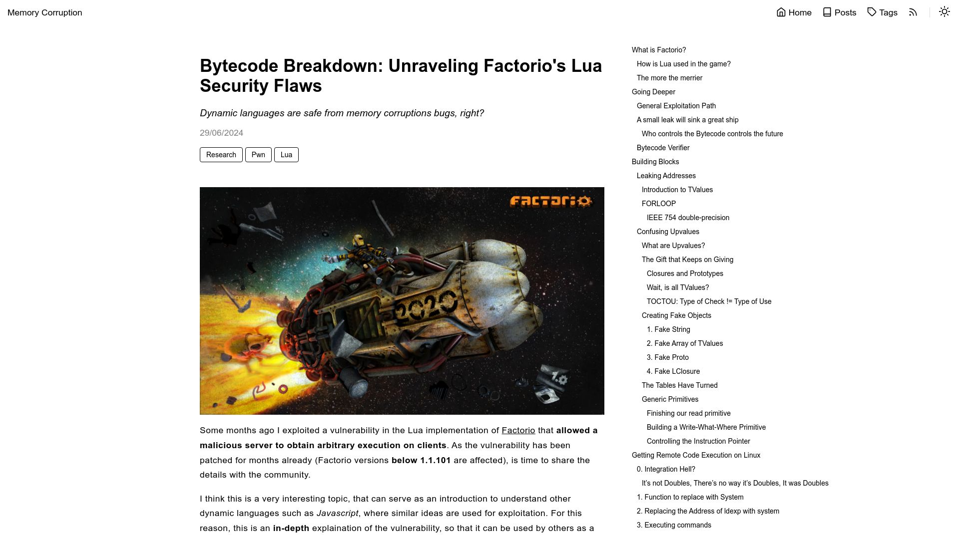 Screenshot of memorycorruption.net: Bytecode Breakdown: Unraveling Factorio's Lua Security Flaws