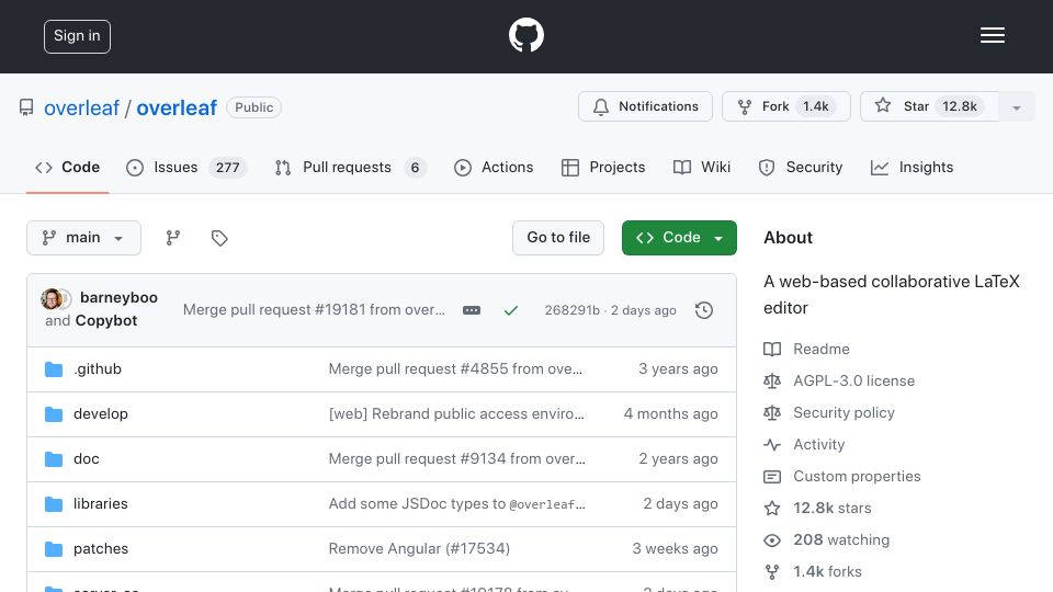 Screenshot of github.com: Overleaf: An open-source online real-time collaborative LaTeX editor