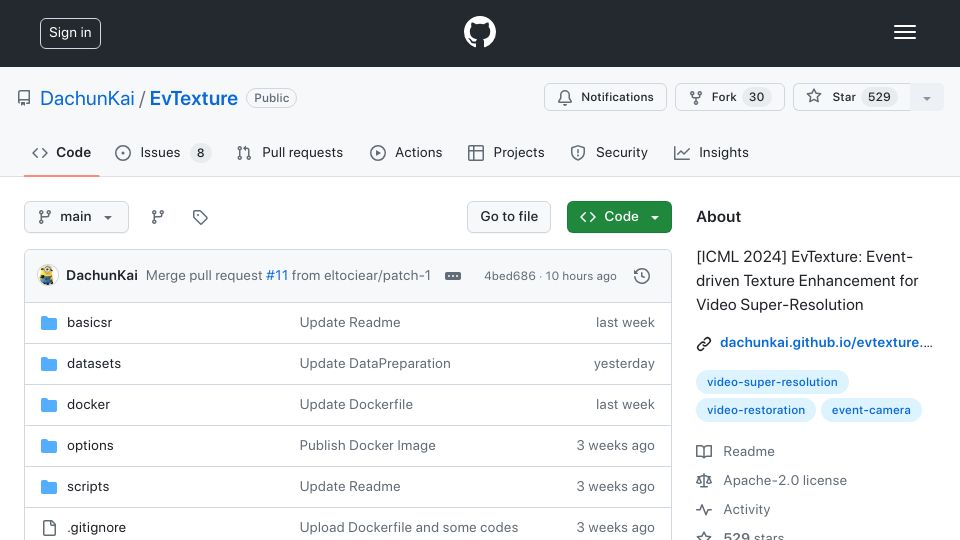 Screenshot of github.com: Texture Enhancement for Video Super-Resolution