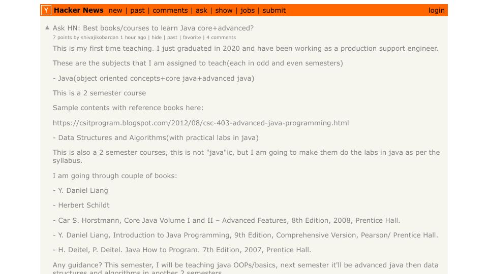 Screenshot of Hacker News post: Ask HN: Best books/courses to learn Java core+advanced?