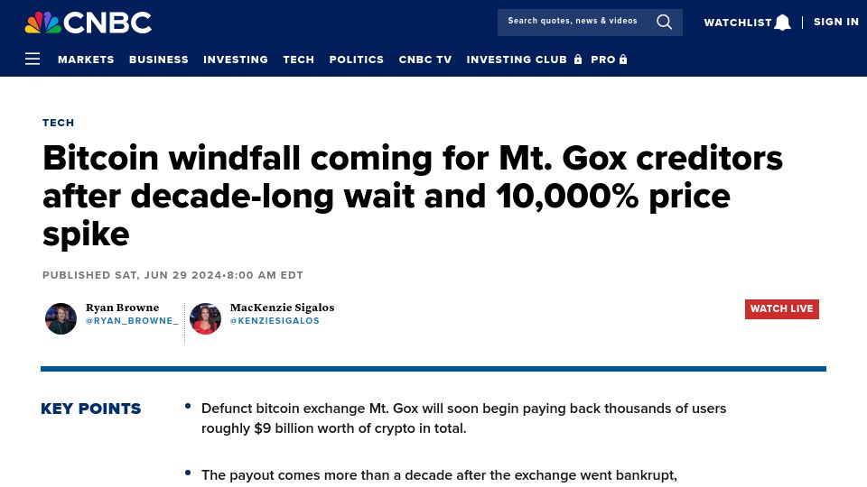 Screenshot of cnbc.com: Bitcoin windfall for Mt. Gox creditors after 10 year wait