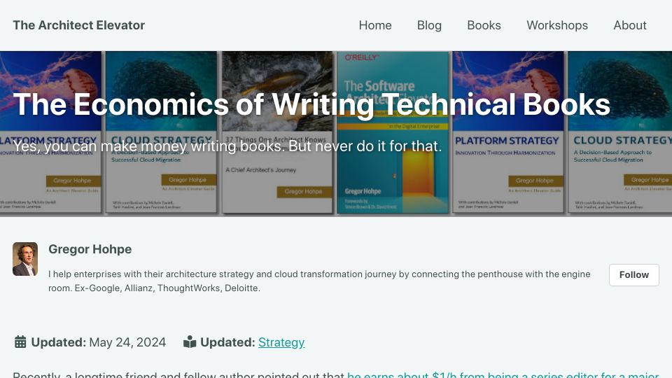 Screenshot of architectelevator.com: The economics of writing technical books