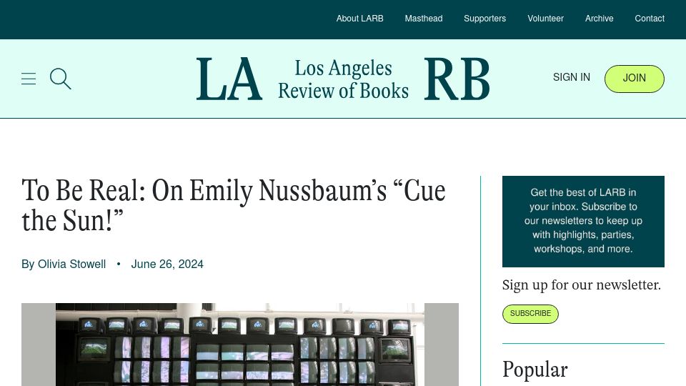 Screenshot of lareviewofbooks.org: To Be Real: On Emily Nussbaum’s “Cue the Sun”