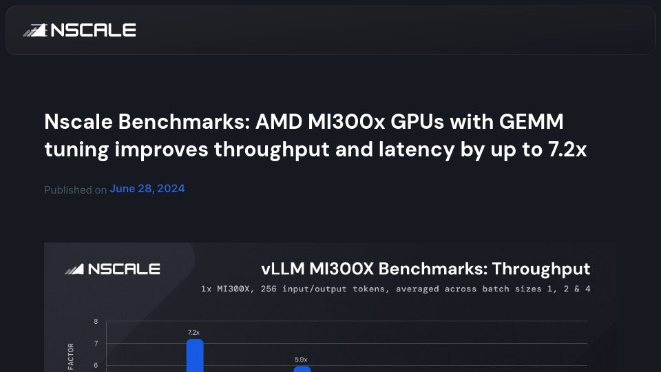 Screenshot of nscale.com: AMD MI300x GPUs with GEMM tuning improves throughput and latency by up to 7.2x