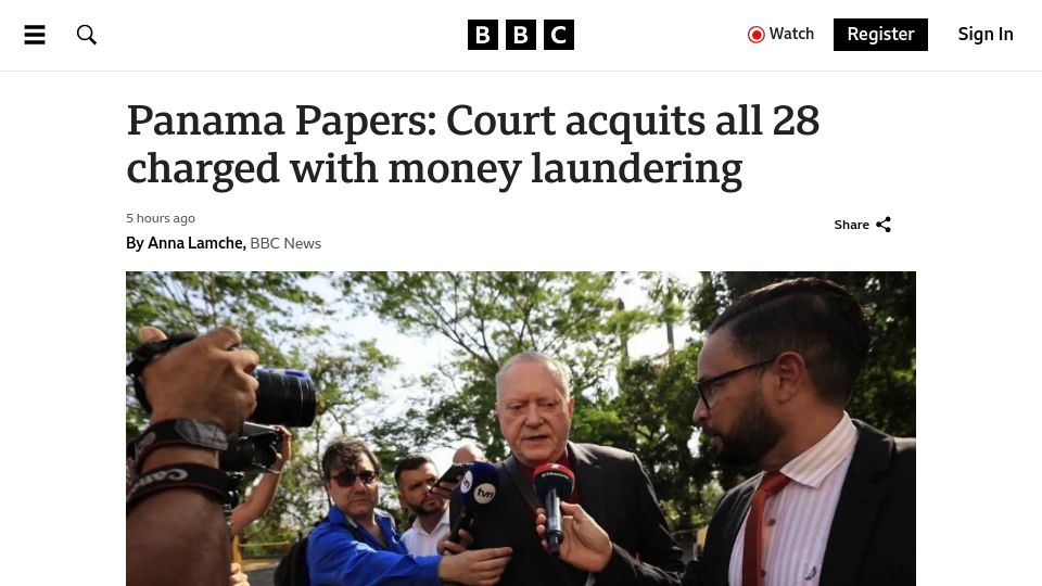 Screenshot of bbc.com: Panama Papers: Court acquits all 28 charged with money laundering