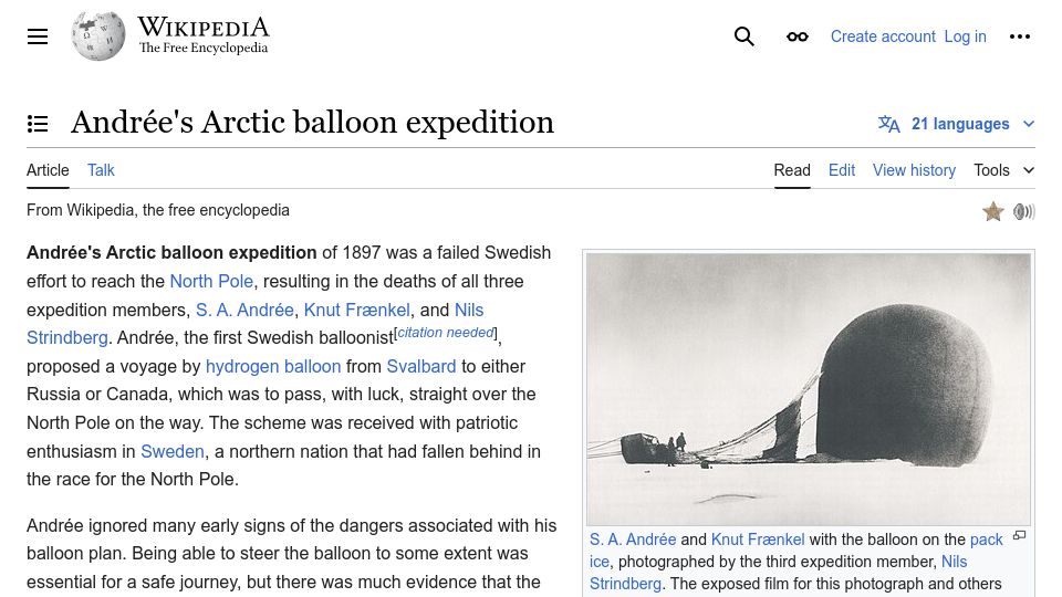 Screenshot of en.wikipedia.org: Andrée's Arctic Balloon Expedition