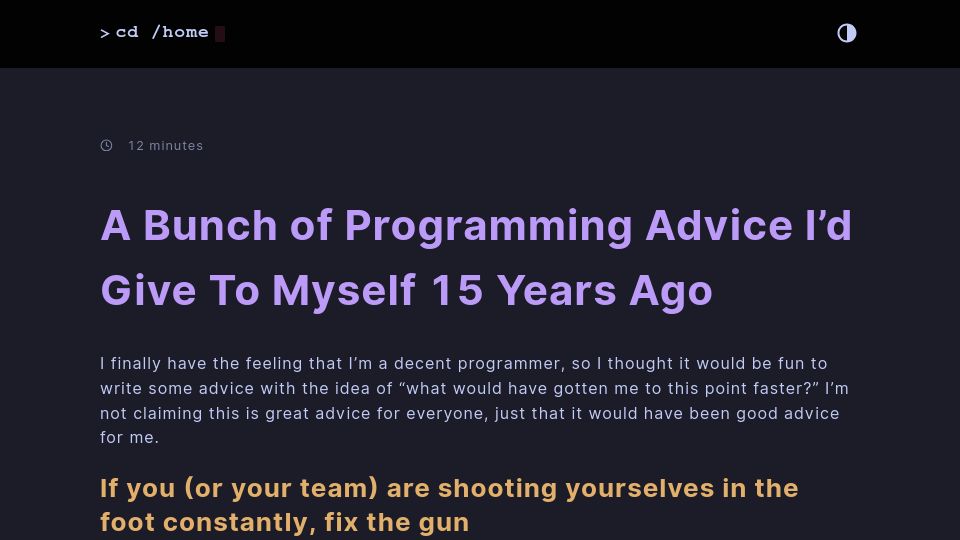 Screenshot of mbuffett.com: A bunch of programming advice I'd give to myself 15 years ago