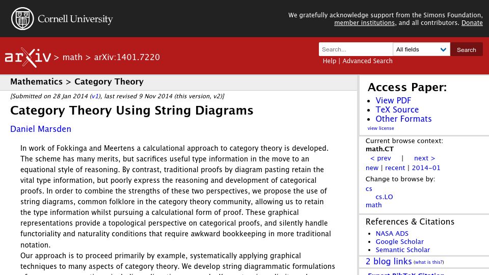 Screenshot of arxiv.org: Category theory using string diagrams (2014)