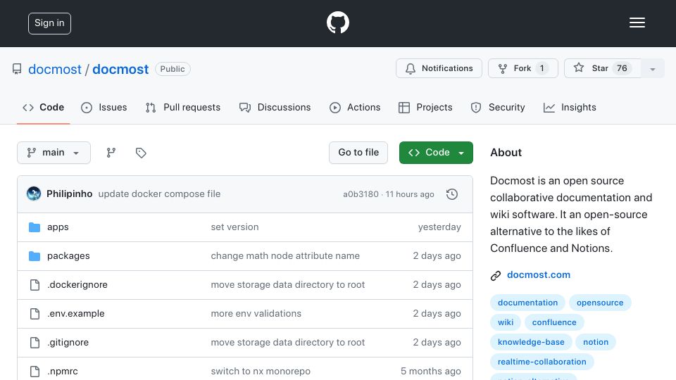 Screenshot of github.com: Show HN: I am building an open-source Confluence and Notion alternative