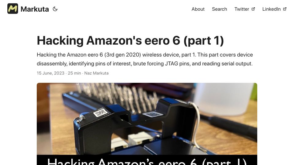 Screenshot of markuta.com: Hacking Amazon's Eero 6 (part 1)