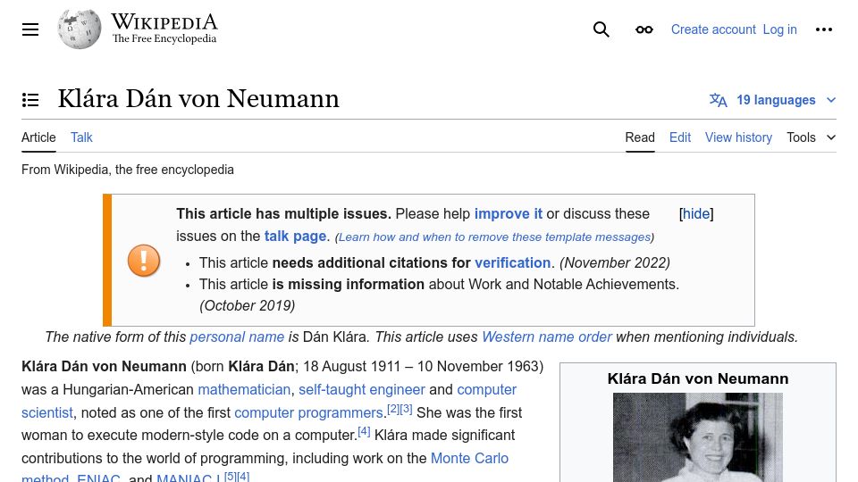 Screenshot of en.wikipedia.org: Klára Dán von Neumann