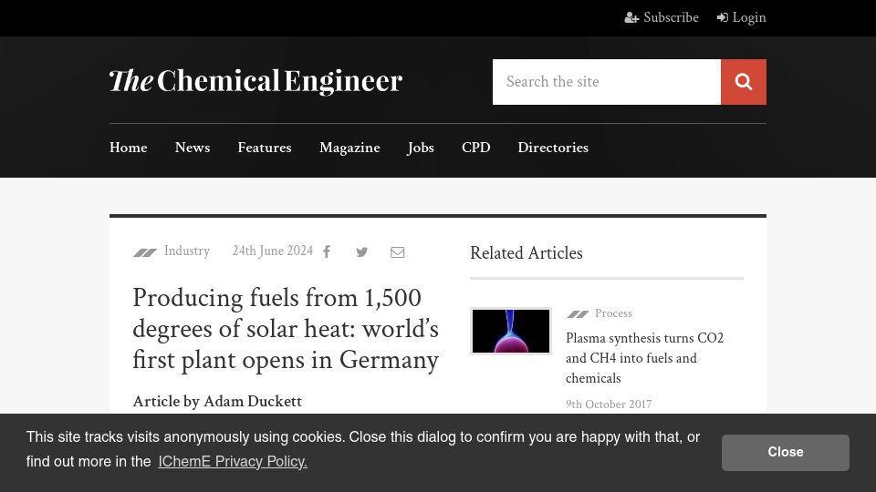 Screenshot of thechemicalengineer.com: Producing fuels from 1,500 degrees of solar heat