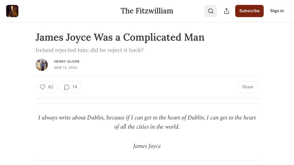 Screenshot of thefitzwilliam.com: James Joyce was a complicated man