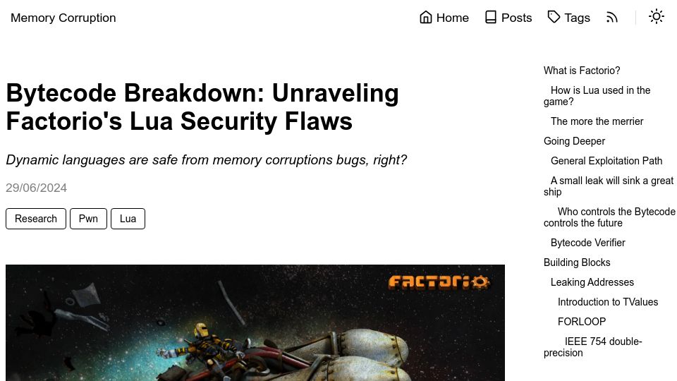 Screenshot of memorycorruption.net: Bytecode Breakdown: Unraveling Factorio's Lua Security Flaws
