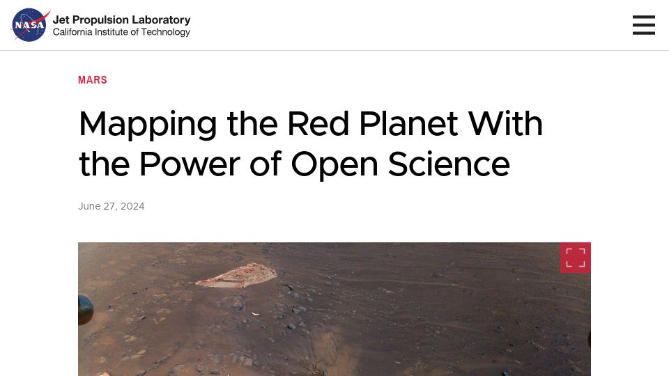 Screenshot of jpl.nasa.gov: Mapping the Red Planet with the Power of Open Science