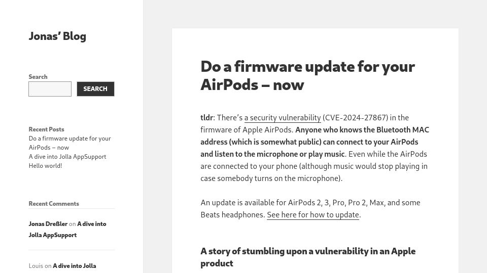 Screenshot of blogs.gnome.org: AirPods fast connect security vulnerability