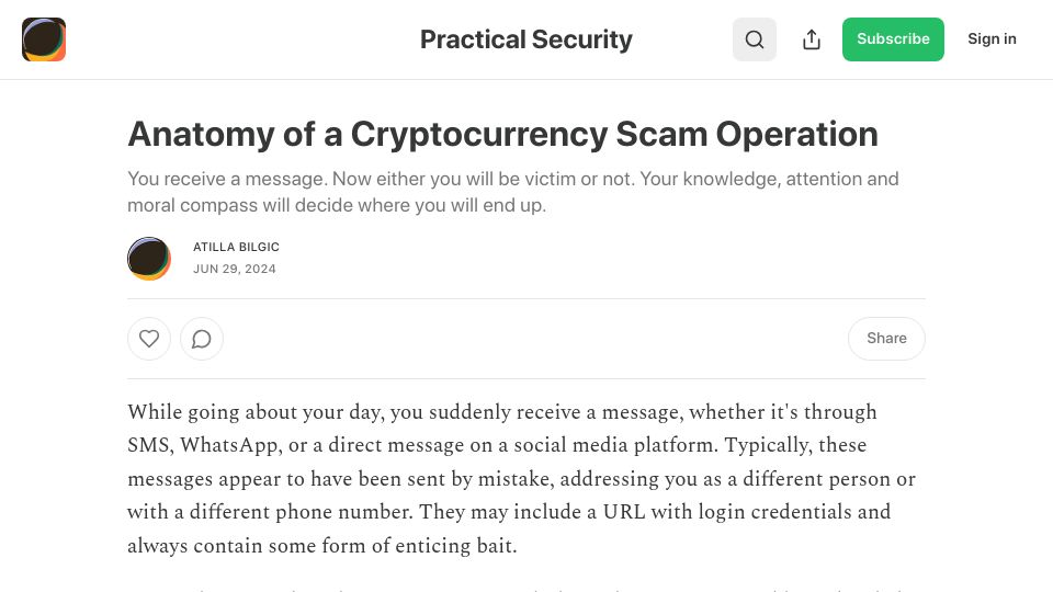 Screenshot of practicalsecurity.substack.com: Anatomy of a cryptocurrency scam