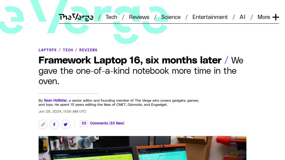 Screenshot of theverge.com: Framework Laptop 16, six months later