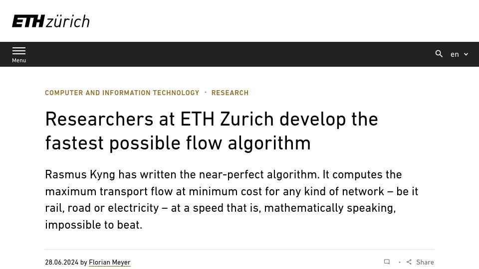 Screenshot of ethz.ch: Researchers at ETH Zurich develop the fastest possible flow algorithm