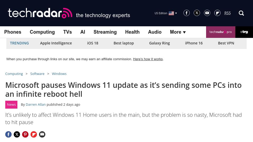 Screenshot of techradar.com: Microsoft pauses Windows 11 update as it's sending some PCs into infinite reboot