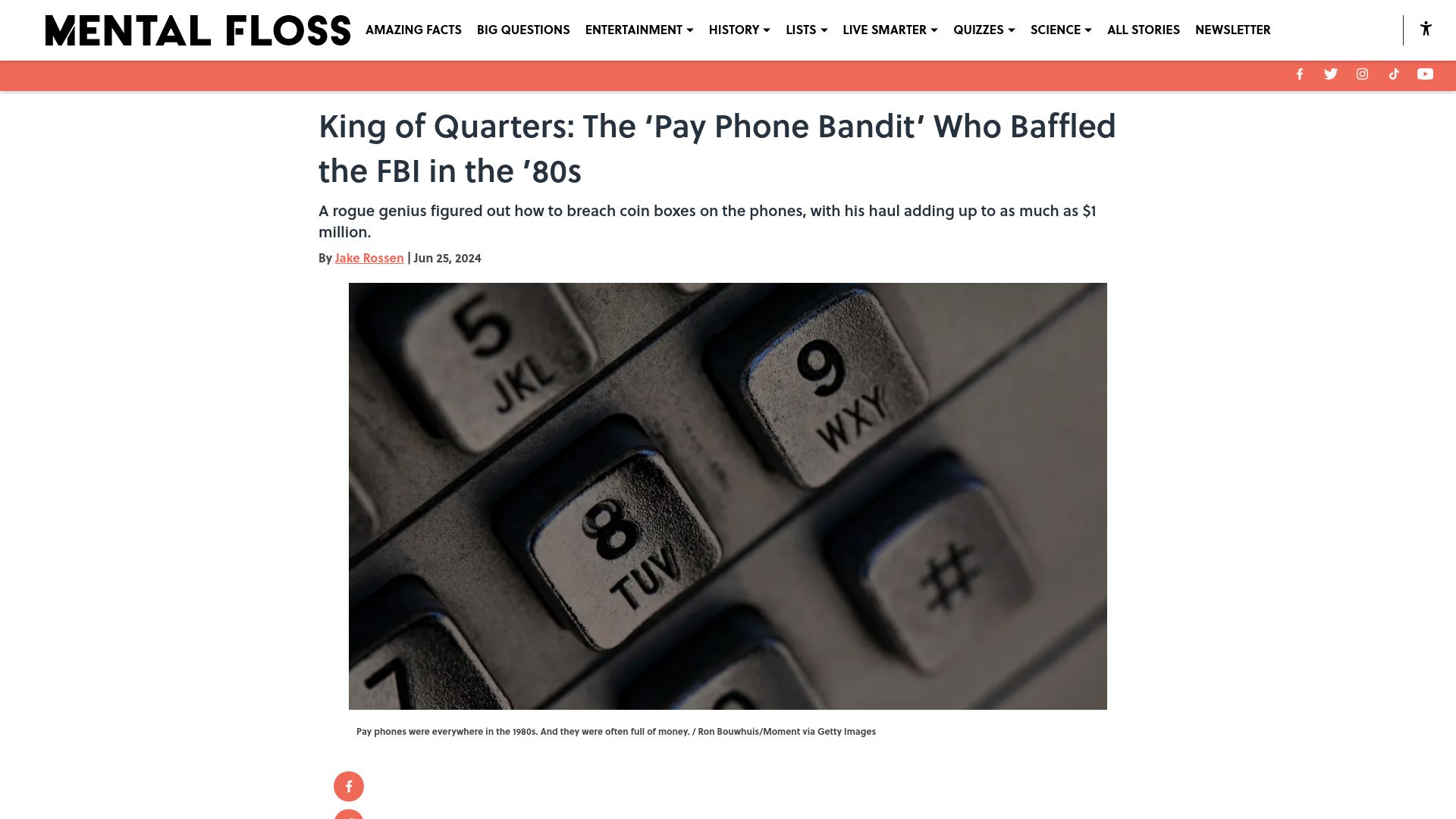 Screenshot of mentalfloss.com: The 'pay phone bandit' who baffled the FBI in the '80s