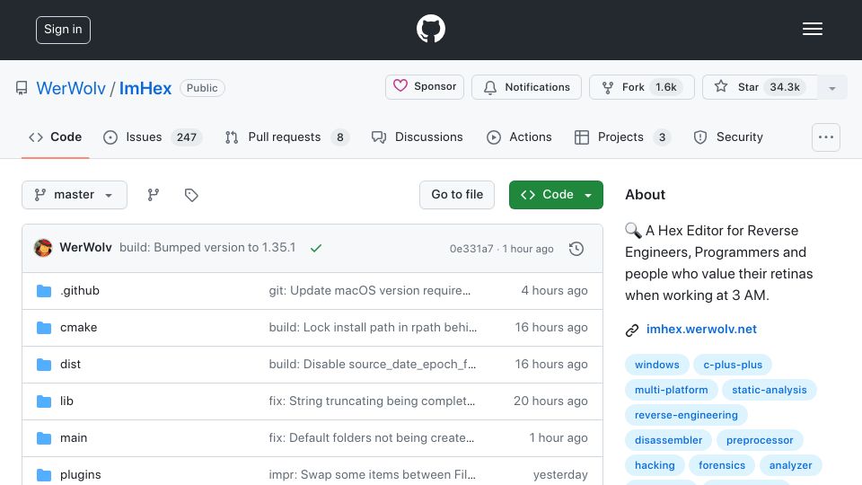 Screenshot of github.com: Imhex: A hex editor for reverse engineers
