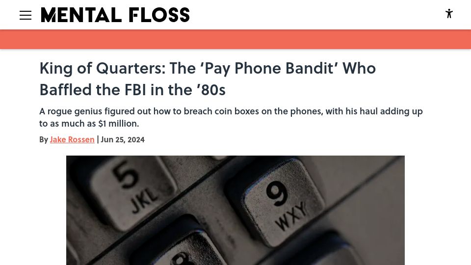 Screenshot of mentalfloss.com: The 'pay phone bandit' who baffled the FBI in the '80s