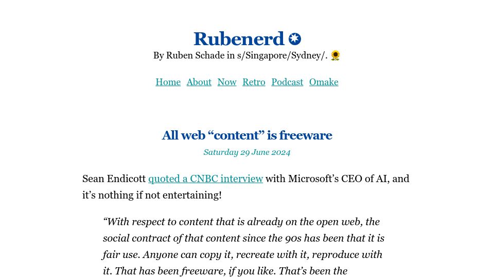 Screenshot of rubenerd.com: All web "content" is freeware