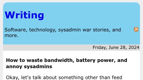 Screenshot of rachelbythebay.com: How to waste bandwidth, battery power, and annoy sysadmins