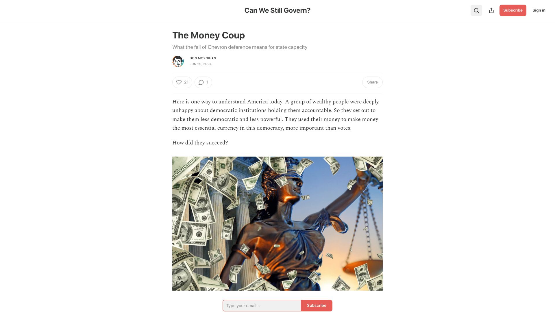 Screenshot of donmoynihan.substack.com: The Money Coup: What the fall of Chevron deference means for state capacity