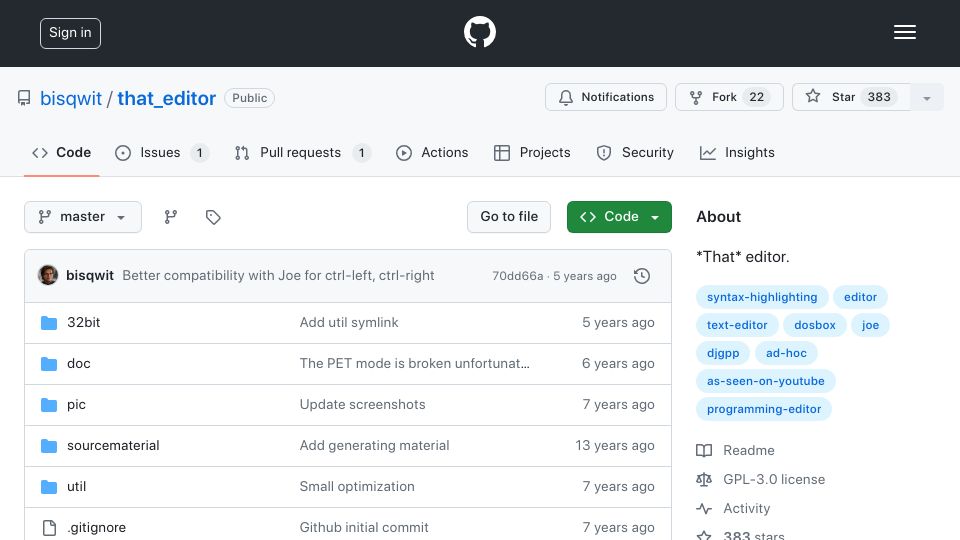 Screenshot of github.com: That Editor