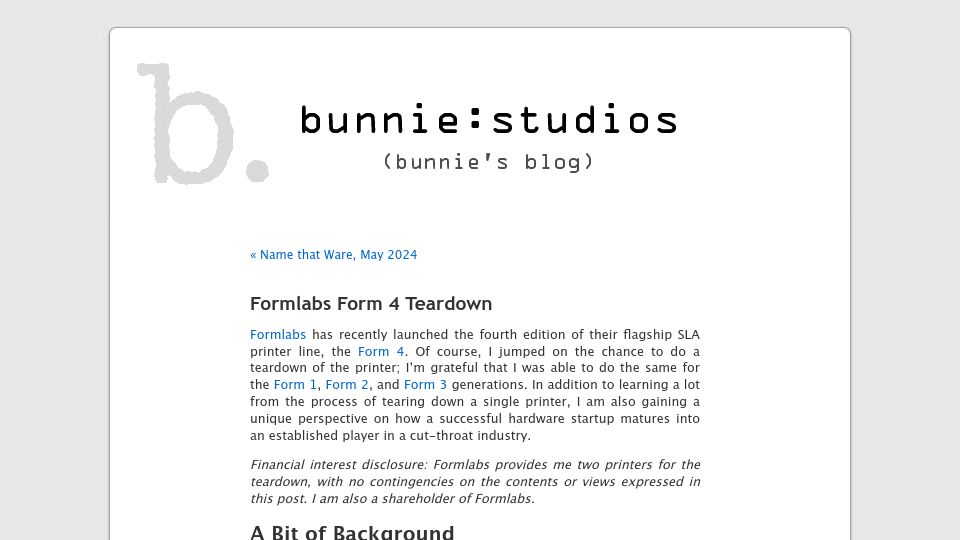 Screenshot of bunniestudios.com: Formlabs Form 4 Teardown