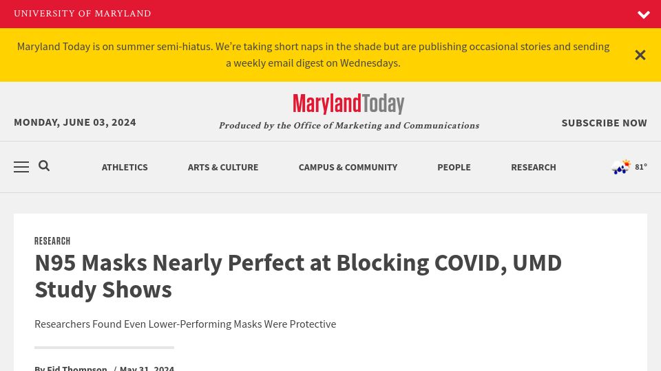 Screenshot of today.umd.edu: UMD study: N95 masks nearly perfect at blocking Covid