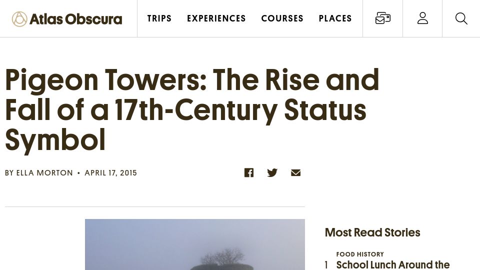 Screenshot of atlasobscura.com: Pigeon towers: The rise and fall of a 17th-century status symbol (2015)