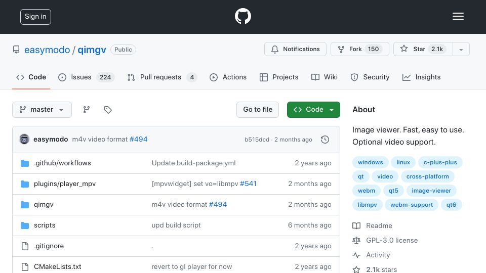 Screenshot of github.com: Qimgv – Fast, simple image viewer