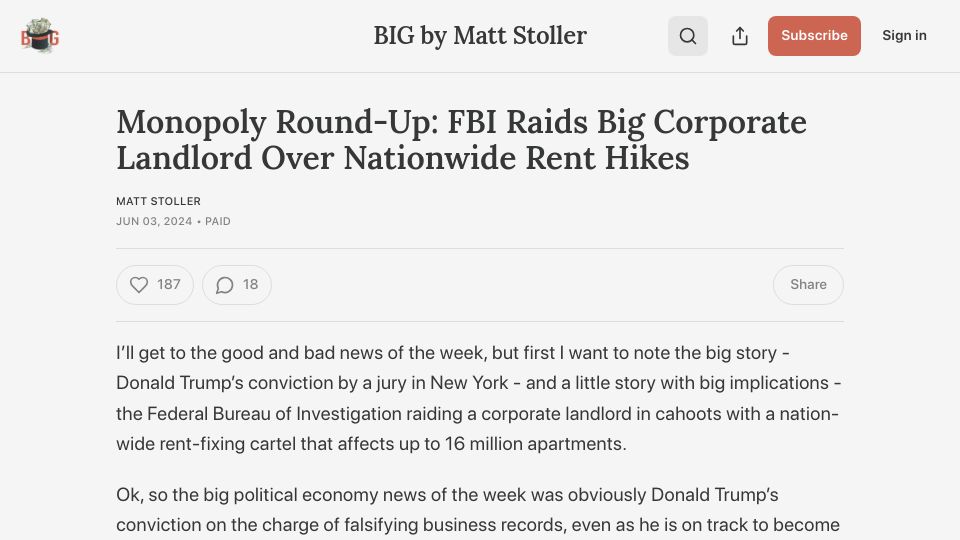 Screenshot of thebignewsletter.com: FBI Raids Big Corporate Landlord over Nationwide Rent Hikes