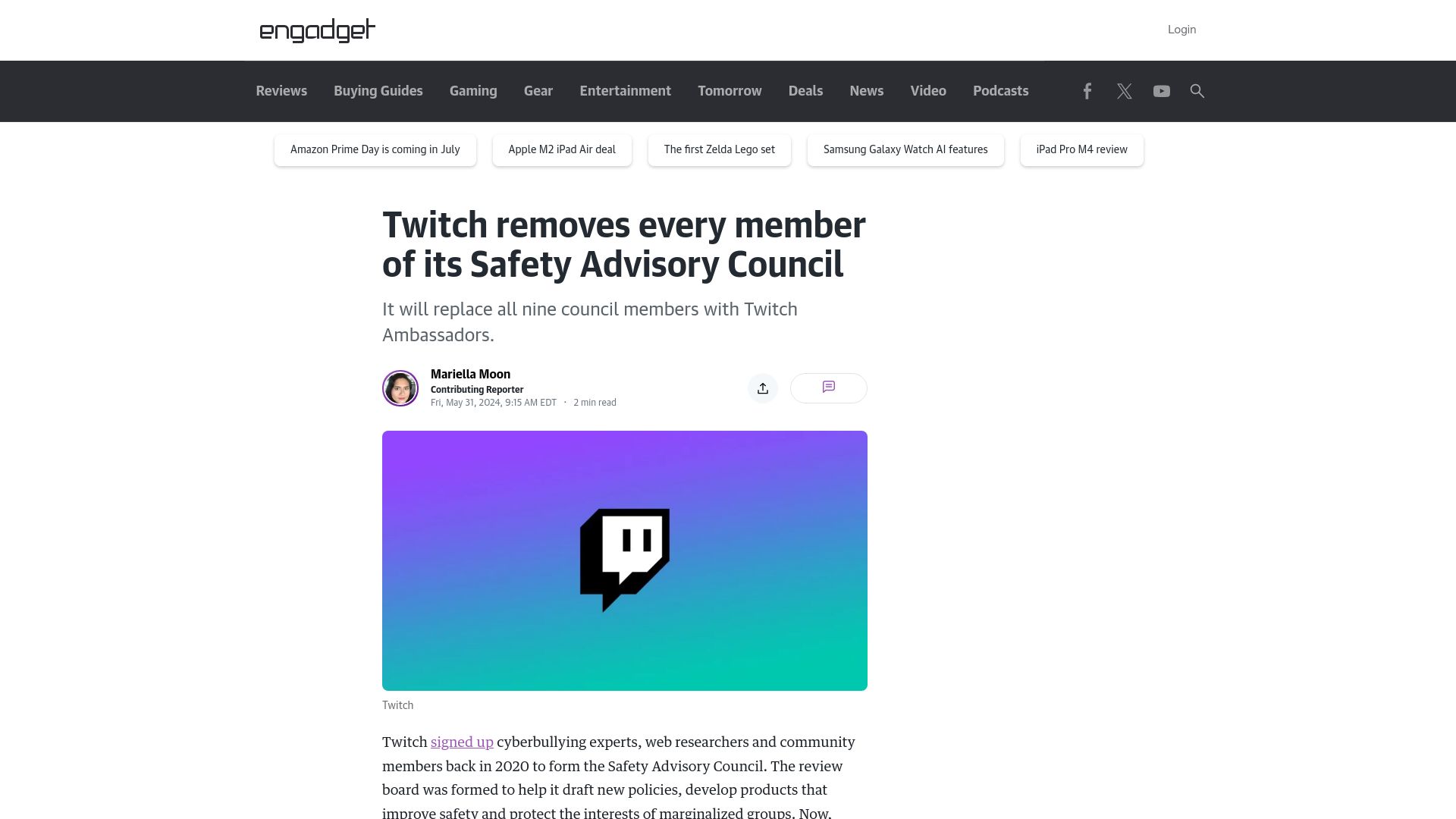 Screenshot of engadget.com: Twitch removes every member of its Safety Advisory Council