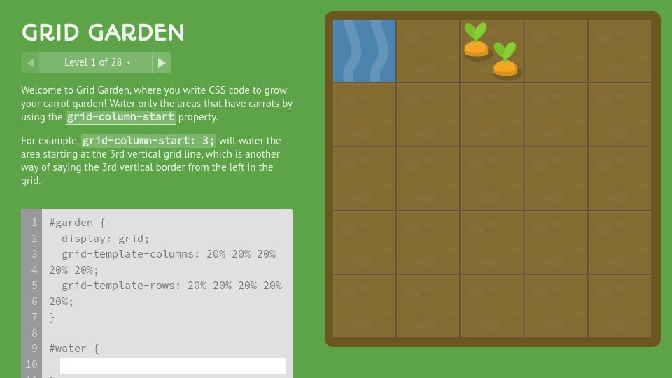 Screenshot of cssgridgarden.com: Learn CSS Grid with a virtual garden game