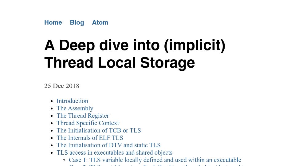 Screenshot of chao-tic.github.io: A deep dive into implicit thread-local storage (2018)