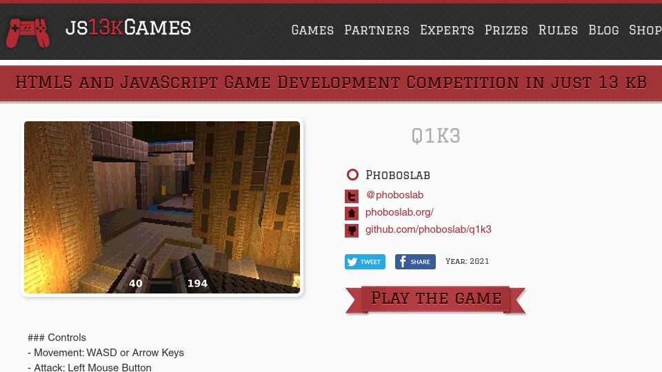 Screenshot of js13kgames.com: Quake in 13kb (2021)