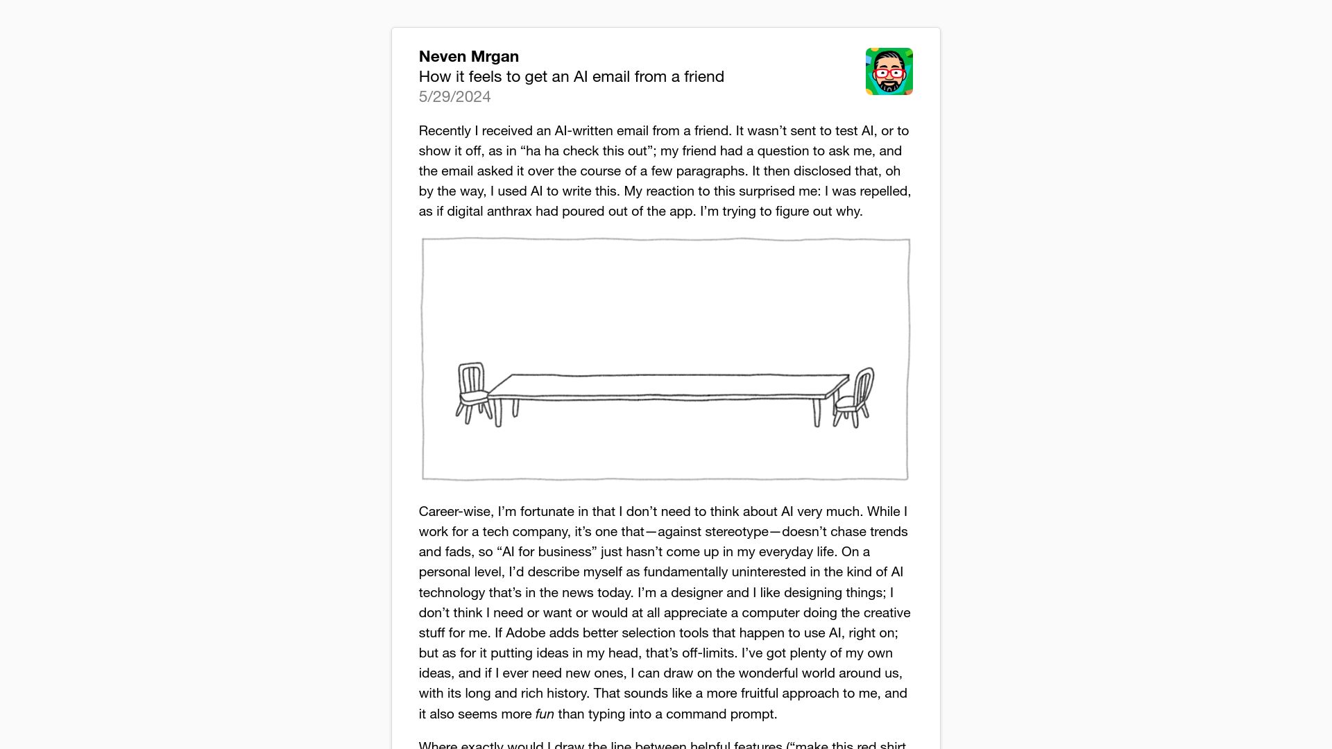 Screenshot of mrgan.com: How it feels to get an AI email from a friend