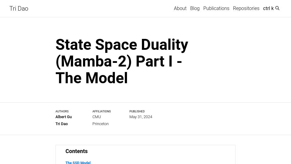 Screenshot of tridao.me: Mamba-2 – State Space Duality
