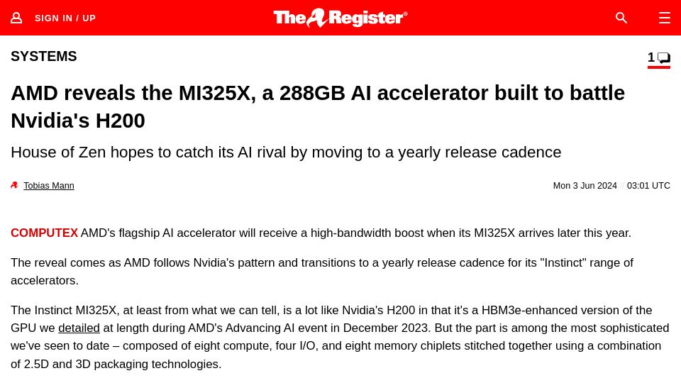 Screenshot of theregister.com: AMD reveals the MI325X, a 288GB AI accelerator built to battle Nvidia's H200