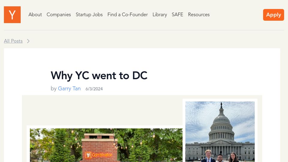 Screenshot of ycombinator.com: Why YC went to DC