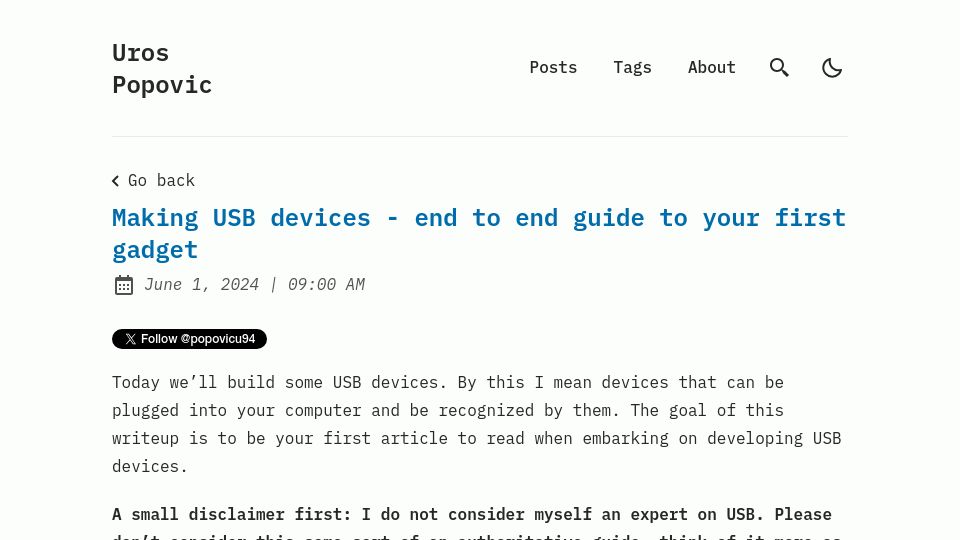 Screenshot of popovicu.com: Making USB devices – end to end guide to your first gadget