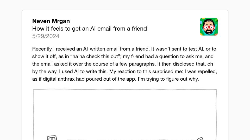 Screenshot of mrgan.com: How it feels to get an AI email from a friend
