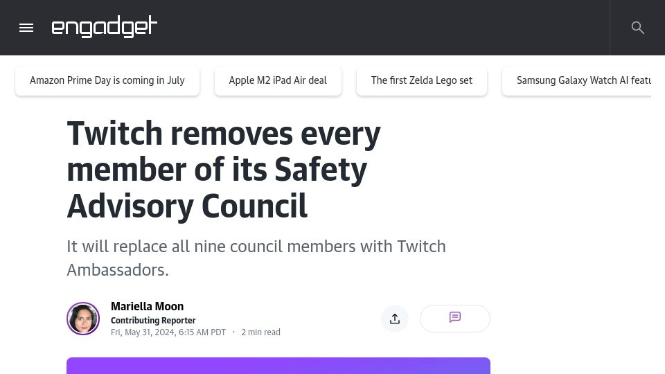 Screenshot of engadget.com: Twitch removes every member of its Safety Advisory Council