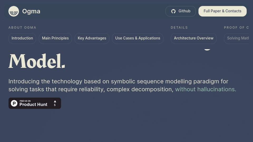 Screenshot of ogma.framer.website: Ogma: Interpretable Symbolic General Problem-Solving Model